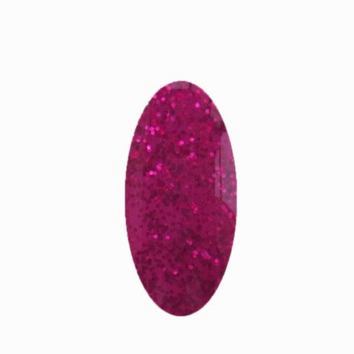 A nail swatch of a glitter pink gel polish 